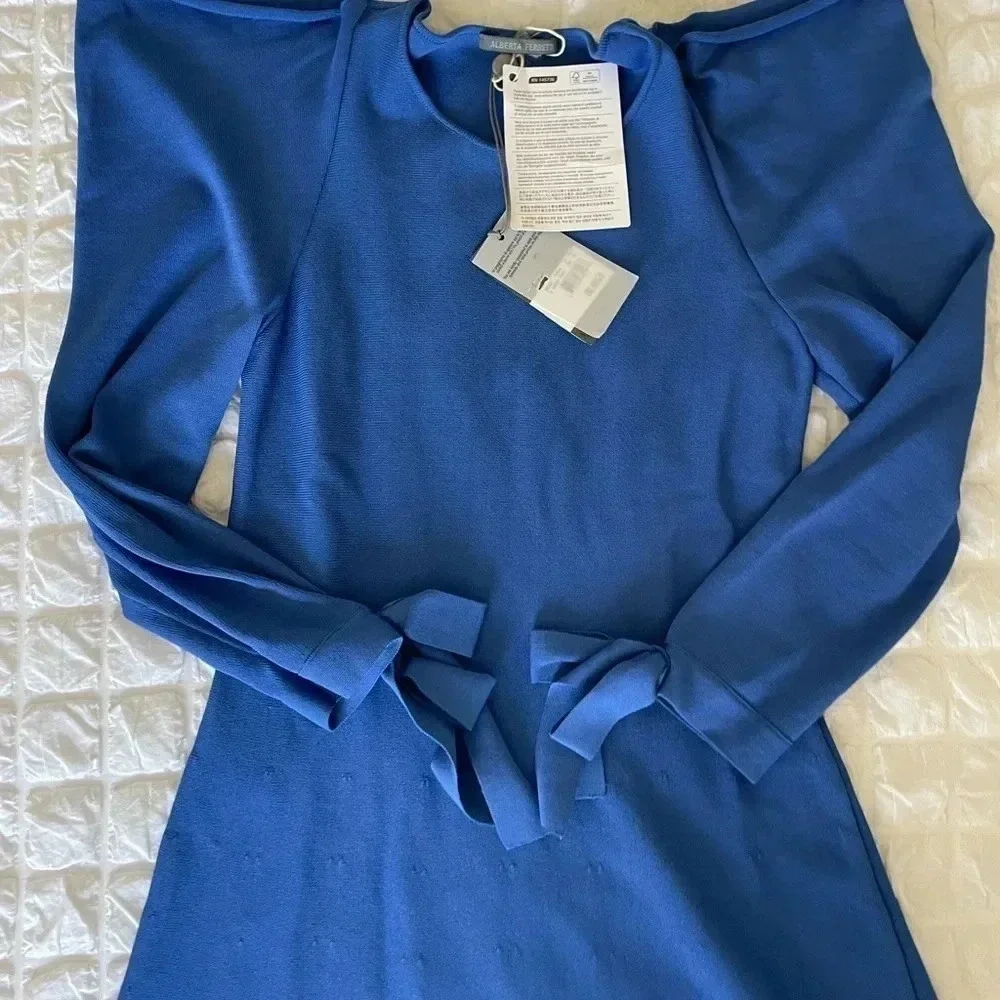 Alberta Ferretti blue knit open shoulders midi dress - Picture 5 of 16